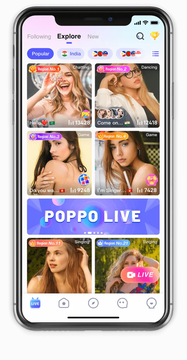 Poppo Live mobile app showing live stream explore feed with regional hosts and POPPO LIVE banner