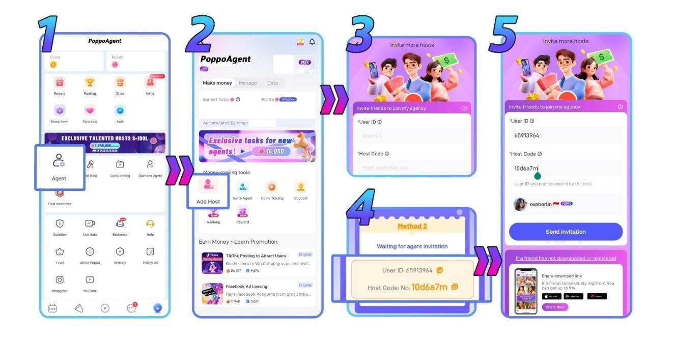 Step-by-step Poppo Live app screens showing how to join as a host via My Agent menu