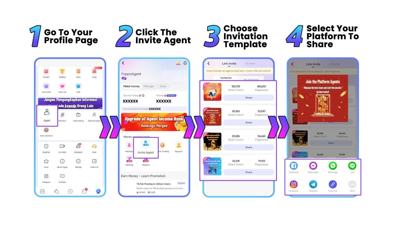 Poppo Live Agent Center invite sub-agent link screen