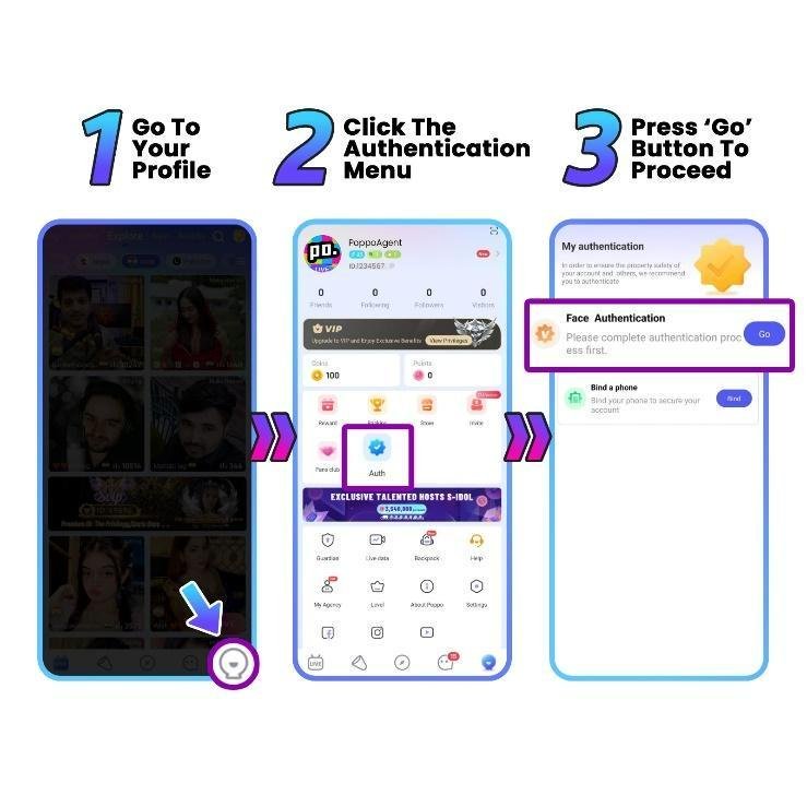 Poppo Live agency face verification menu in profile settings