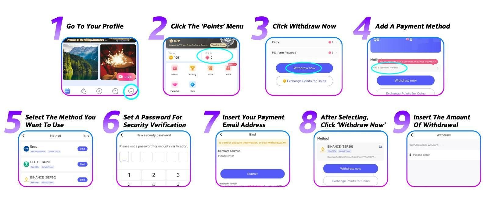 Poppo Live agency withdrawal walkthrough showing points and payment options