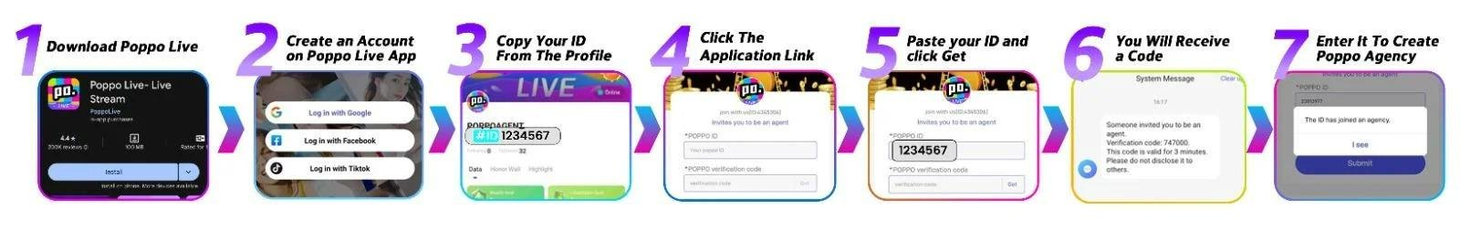 Step-by-step Poppo Live agency registration screens