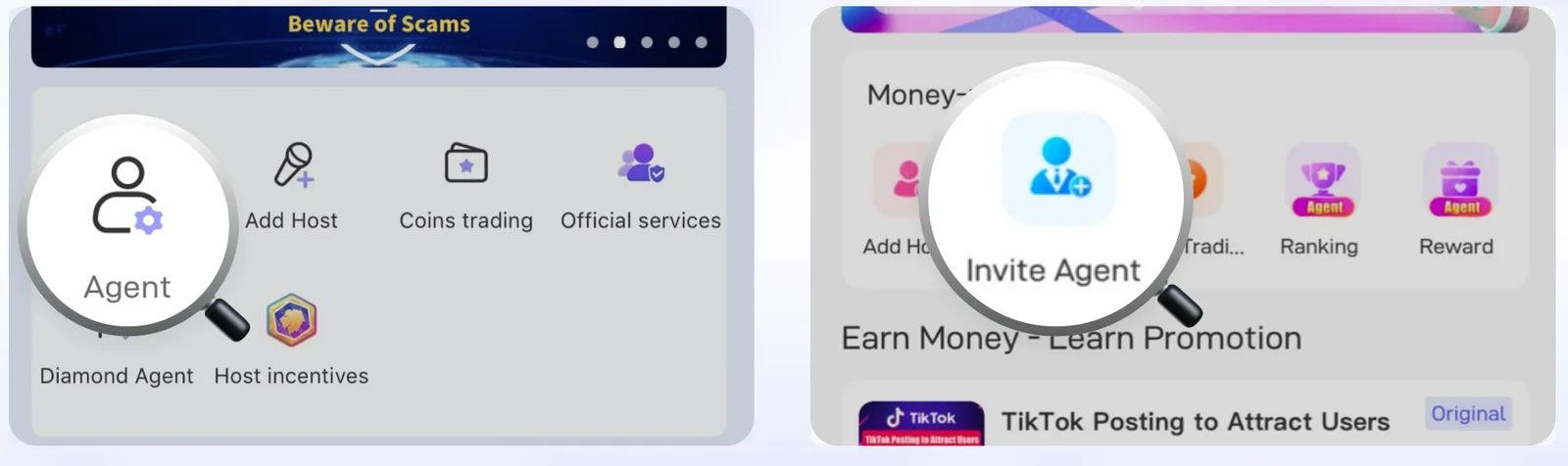 Poppo Live sub-agent invitation and team management screens
