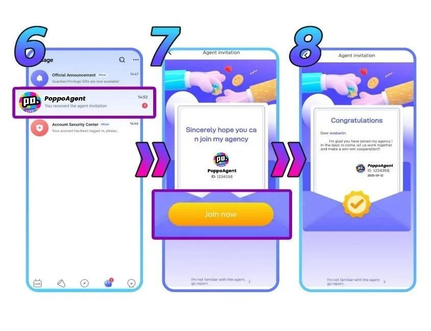 Visual walkthrough of host invitation acceptance and face verification in Poppo Live app