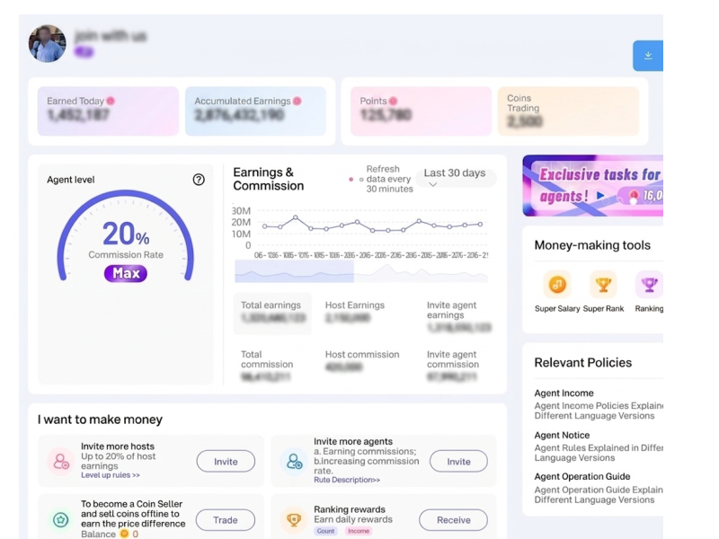 Poppo Live Agency dashboard showing earnings, commission rate, and money-making tools